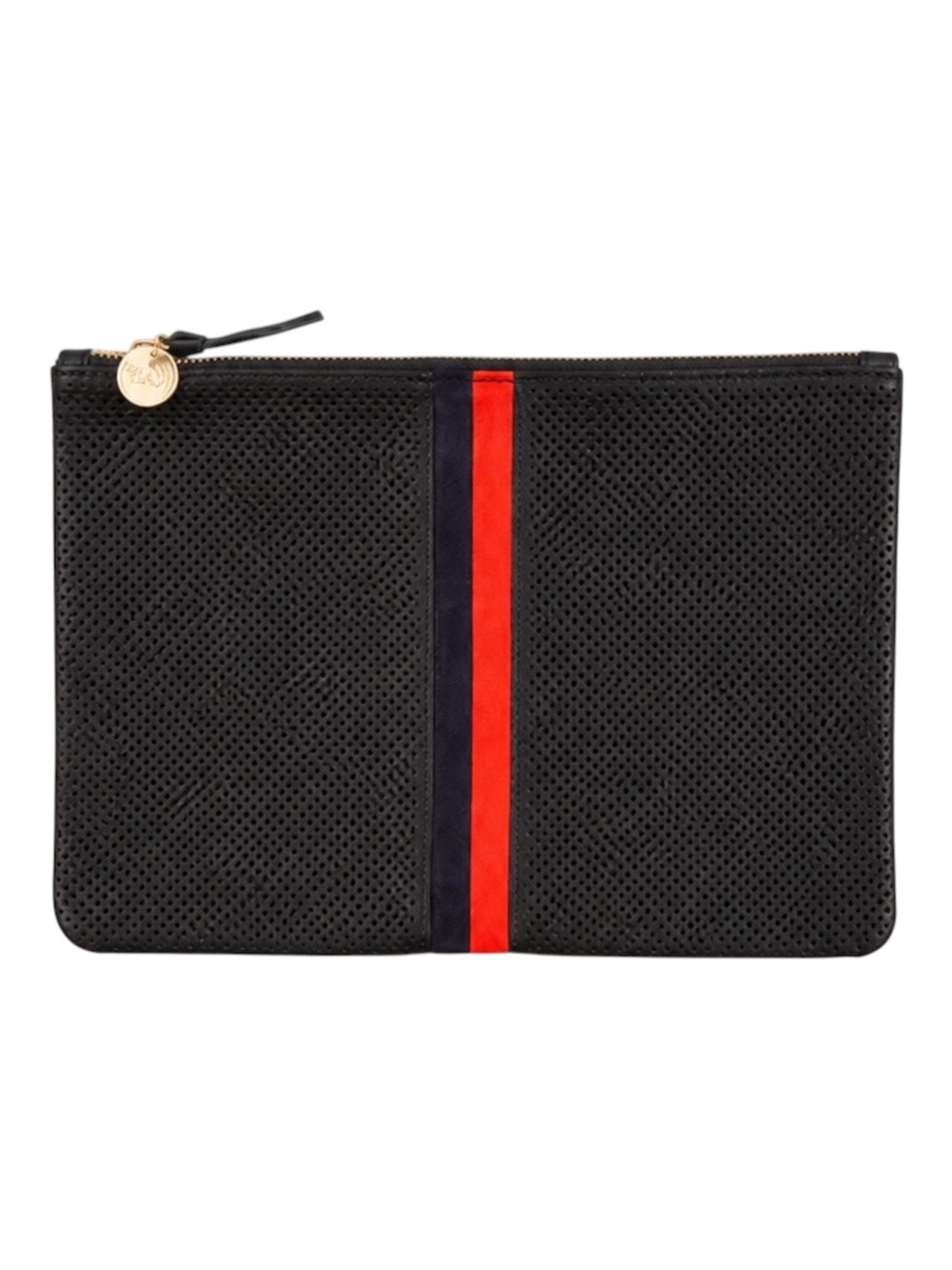 Clare V Black Perforated Leather Clutch Red Stripe French Girl Chic Quiet Luxury